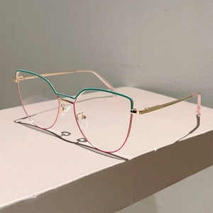 Vintage oversized cat-eye blue light glasses with green and pink gradient metal frames