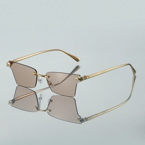 Détail de lunettes sans monture avec charnière panthère dorée et verres géométriques