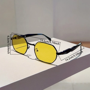 Detailed dimensions of polygon sunglasses with 14.6cm width and 14.2cm temple length