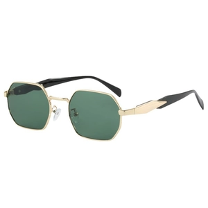 Vintage polygon metal sunglasses with dark green lenses and golden geometric frame details