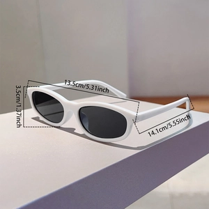 Detailed size dimensions for white oval frame sunglasses with dark grey lenses