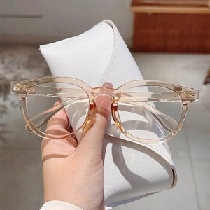 Classic round champagne transparent frame blue light blocking glasses with folding leather case