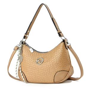 Fashionable khaki woven shoulder bag with adjustable straps and tennis racket charm pendant
