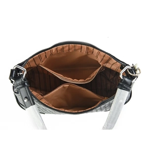 Interior view of black tote bag showing brown striped lining and multiple compartments