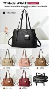 Crocodile pattern tote bag detailing dimensions 32x23x12cm and multiple color options