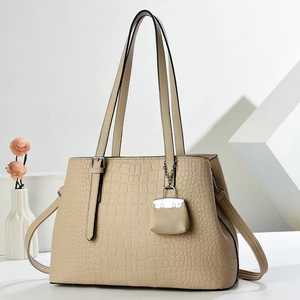 Elegant beige faux crocodile tote bag for women with matching mini coin purse accessory