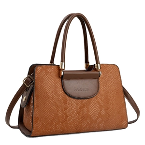 Brown animal-embossed handbag with top handles and adjustable shoulder strap for women