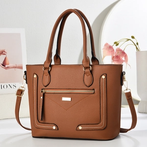 Brown litchi grain PU leather trapezoid handbag with gold hardware and shoulder strap
