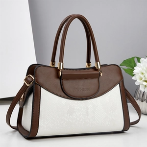 Brown and white snake skin pattern large capacity handbag with golden hardware and strap