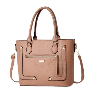 Brown lychee leather tote bag for women with gold zippers and adjustable shoulder strap