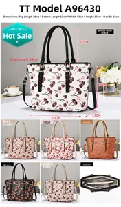 Detailed size chart and internal layout of the cherry print tote bag for women