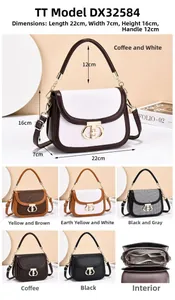 Detailed view of bicolor woven shoulder bag with size specs 22x16x7cm and metal lock