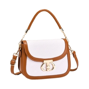Saddle bag in brown leather and white woven texture with golden clasp hardware
