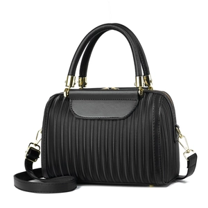 Classic black handbag with pleated leather texture and elegant gold-tone hardware