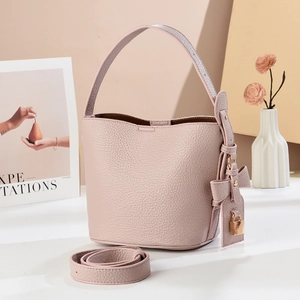 Women Fashion PU Leather Bucket Bag High Quality Bow Decor Gold Lock Pendant Shoulder Bag Large Capacity Crossbody Handbag