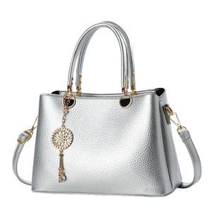 Fashion silver lychee grain leather tote bag with gold hardware and mandala charm
