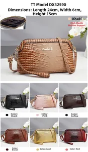 Detailed view of crocodile pattern crossbody bags in multiple colors and dimensions