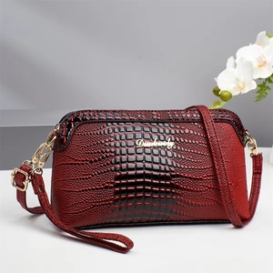 Retro dark red crocodile texture crossbody bag with gold hardware for women