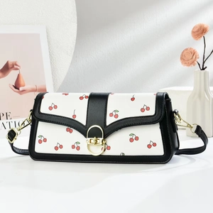 Sac À Épaule Femme En Cuir PU Imprimé Cerise Douce Couleur Contrastée Sac Bandoulière Carré Niche Sac À Main