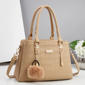 Women Crocodile Pattern Tote Handbag PU Leather Shoulder Crossbody Bag With Golden Hardware And Fur Ball Charm Elegant
