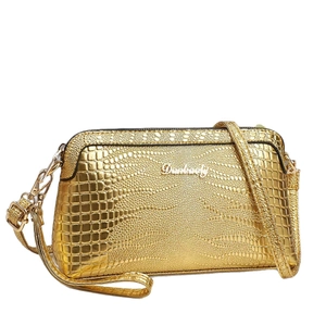 Metallic gold crossbody bag for women with crocodile texture and golden hardware finish