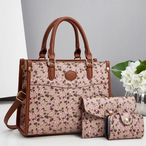 Ensemble de sacs à main 3 pièces avec imprimé cerise en cuir marron et beige