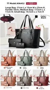 Three-piece handbag set featuring tote bag with lychee texture and logo detail