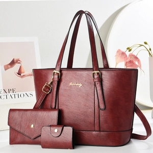 Vintage wine red 3-piece handbag set including tote bag, envelope wallet and card holder