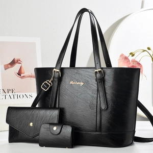 Elegant 3-piece black tote bag set with envelope wallet and card holder for women