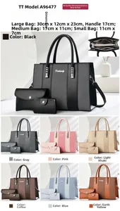 Detailed size chart for the three-piece handbag set featuring precise dimensions for all bags