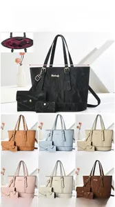Internal view and measurements of a textured three-piece handbag set in multiple colors