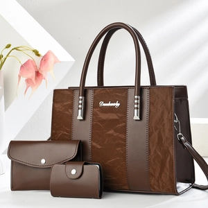 3-piece dark brown contrast stitching tote bag set with textured faux leather finish
