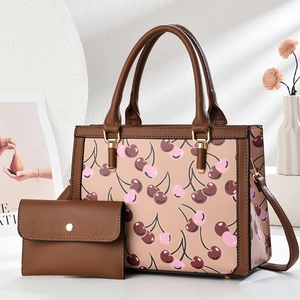 Minimalist PU tote bag set with cherry pattern and matching small flap wallet
