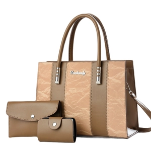 3-piece set of brown color-block tote bags, including shoulder bag and matching wallets