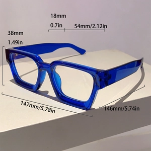 Detailed view of blue square glasses frames with precise size measurements in mm and inches