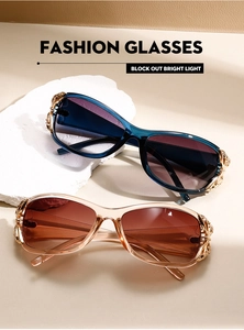 Detail of luxury sunglasses with gold butterfly metal relief on transparent temples