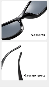 Detail of integrated nose pads and curved temples on black fashion sunglasses