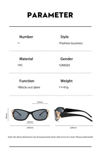 Size chart showing PC frame sunglasses dimensions with gold butterfly temple detail