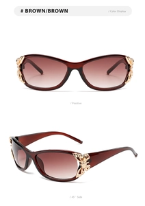 Detail of trendy brown gradient sunglasses with gold butterfly metal accents on the temples