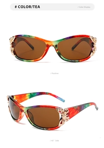 Front and 45-degree side view of butterfly sunglasses with colorful frames and tea lenses