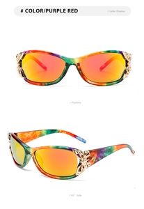 Detailed views of purple red tie-dye sunglasses with golden butterfly hinge decorations