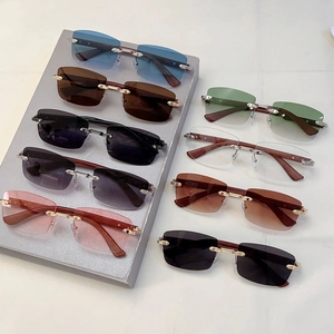Classic rimless rectangular sunglasses with wood grain temples in various lens colors