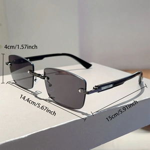 Detailed size chart of rectangular rimless sunglasses with gradient lenses and metal frame