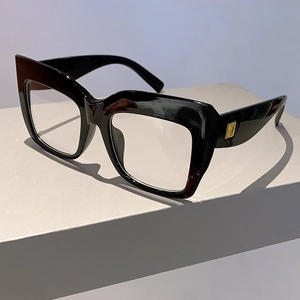 Gros plan sur la monture de lunettes noire avec des rivets dorés sur les branches