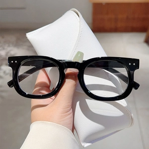 Classic black square frame glasses shown with a white foldable leather storage case