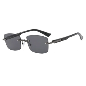 Classic rimless rectangular sunglasses for men with dark grey lenses and gunmetal frame