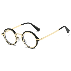 Lunettes rondes anti-lumière bleue avec monture noire et branches en métal doré