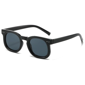 Classic round frame sunglasses with silver rivets and dark lenses on a white background