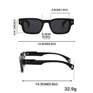 Détail de lunettes de soleil carrées noires avec rivets jaunes et dimensions précises