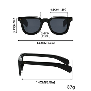 Detailed size chart of black retro sunglasses showing 14.4cm width and 3.8cm height